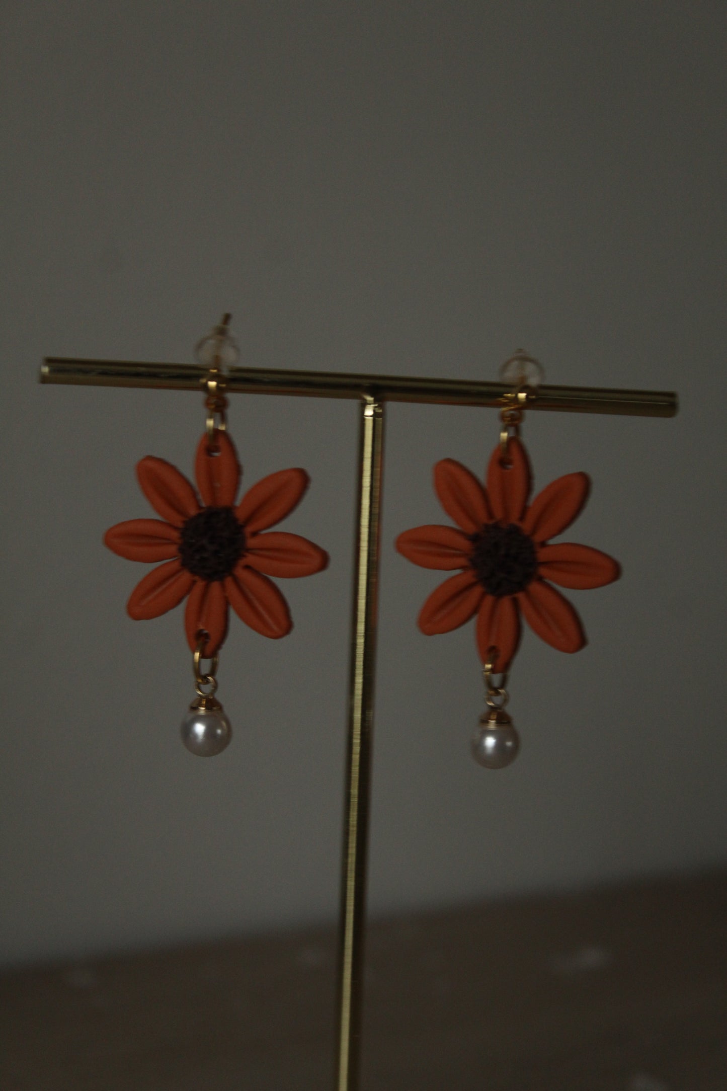 Flower Dangles with Pearls Polymer Clay Earrings in Orange