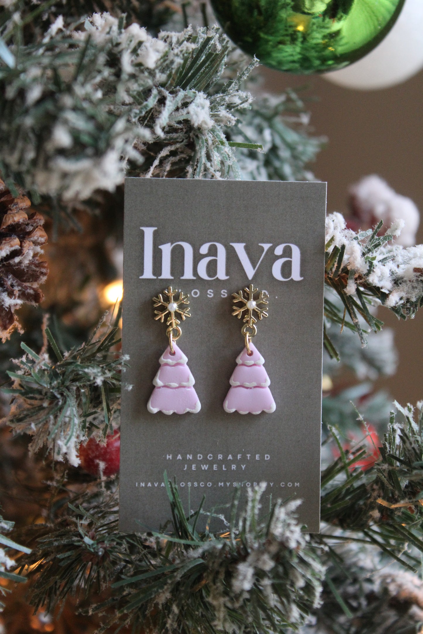 Pink Snow Pine Trees Polymer Clay Earrings