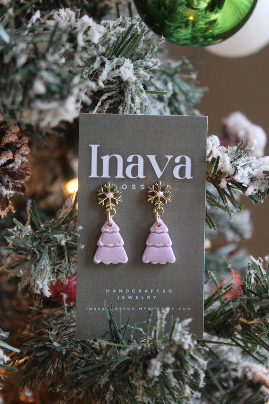 Pink Snow Pine Trees Polymer Clay Earrings