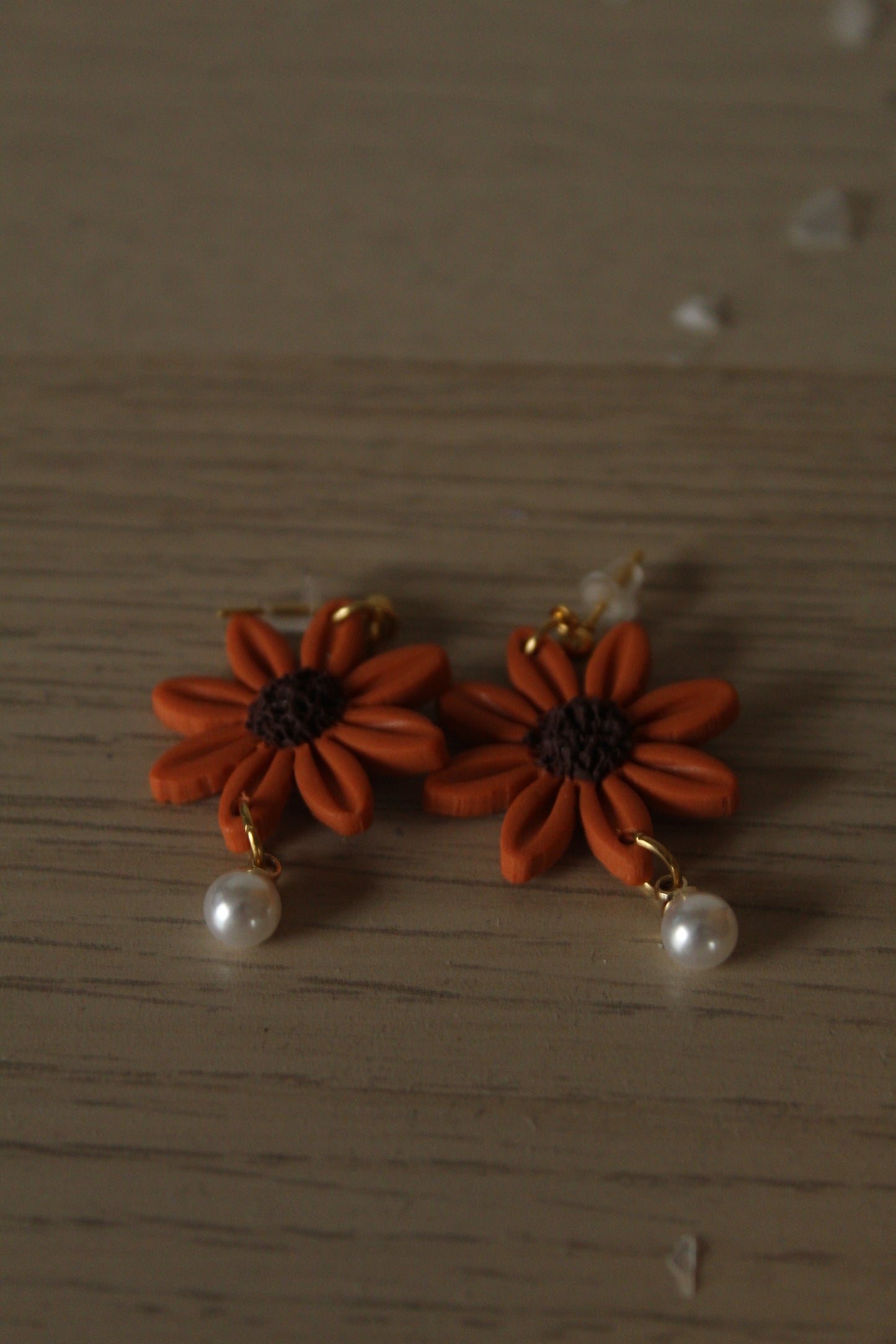 Flower Dangles with Pearls Polymer Clay Earrings in Orange