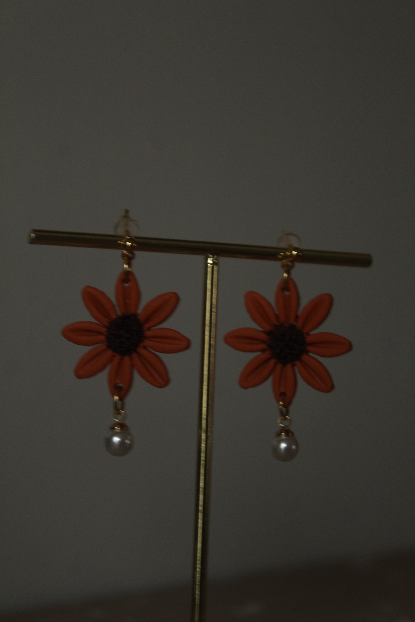 Flower Dangles with Pearls Polymer Clay Earrings in Orange