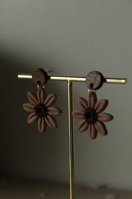 Flower Dangle Polymer Clay Earrings in Brown
