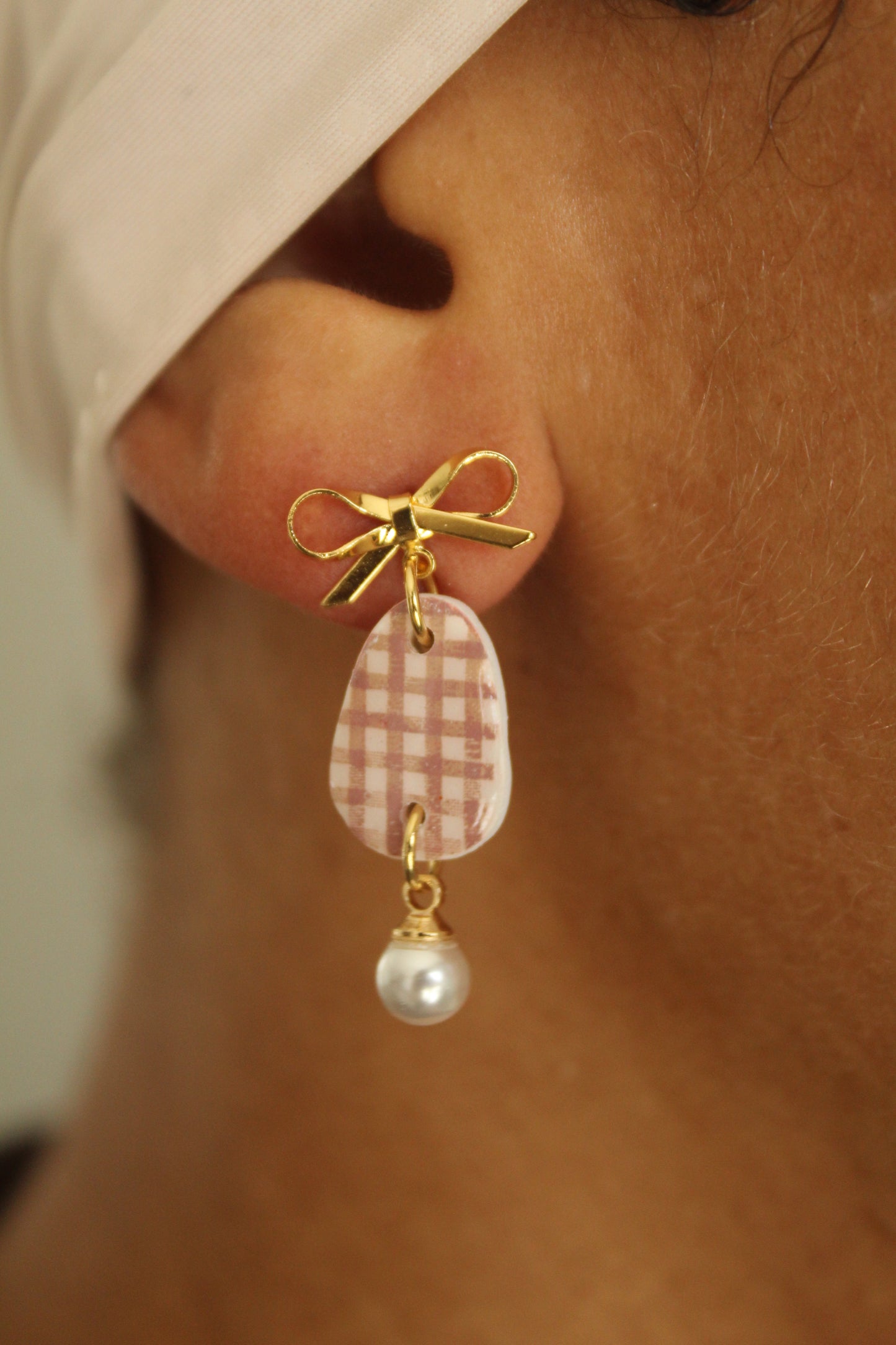 Soft Rose Gingham Polymer Clay Earrings