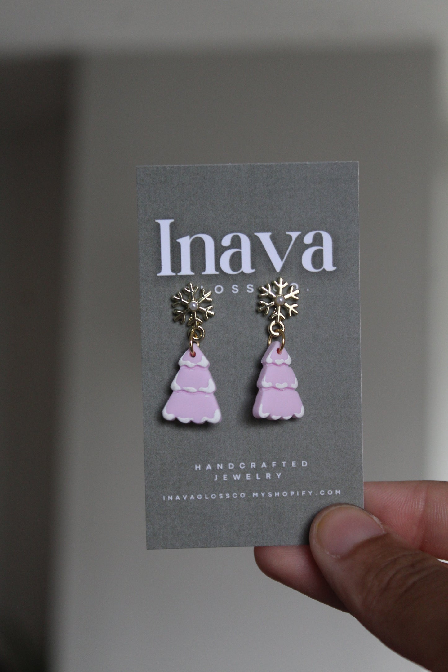 Pink Snow Pine Trees Polymer Clay Earrings