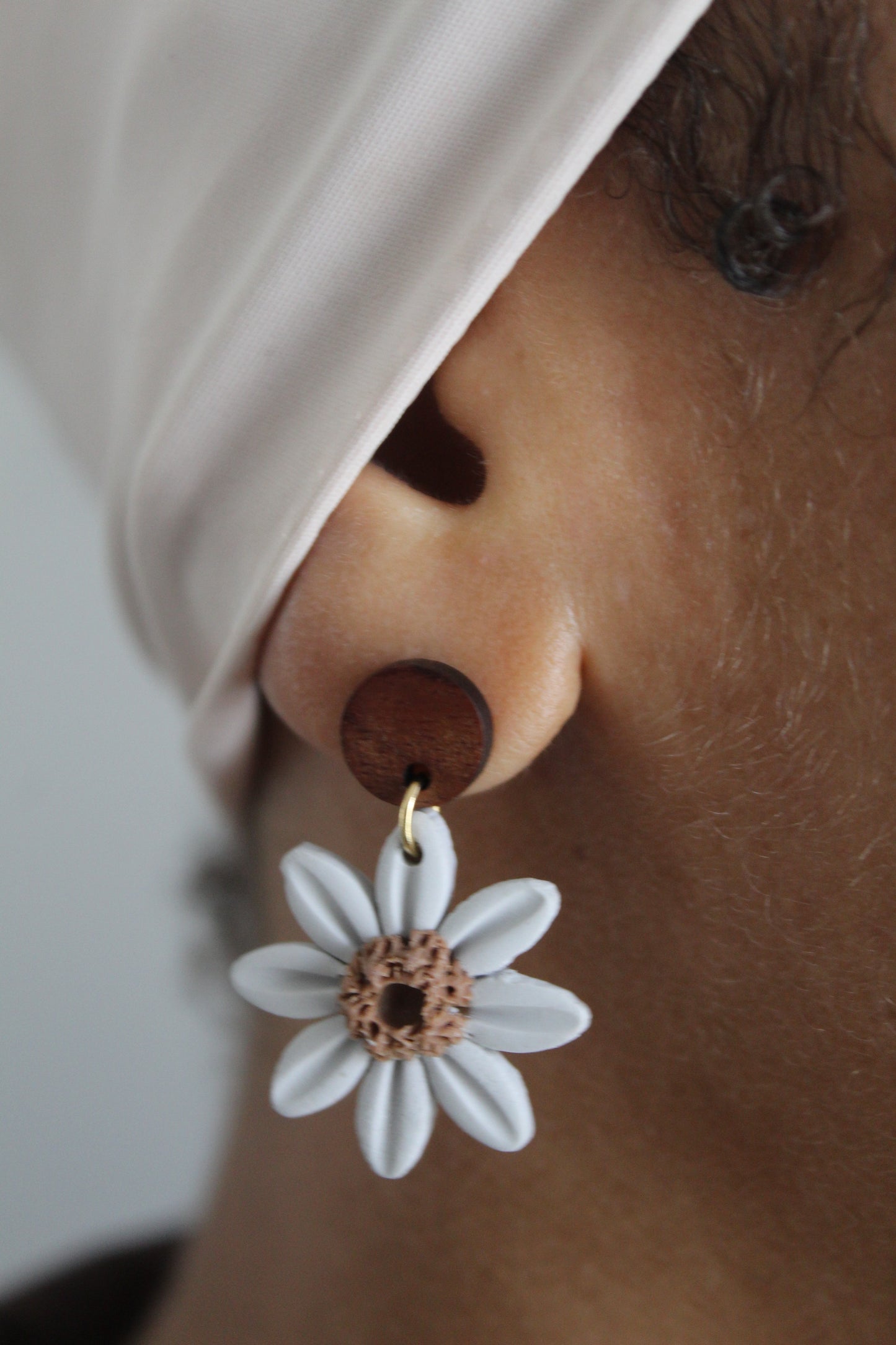 Light Grey Flower Dangle Polymer Clay Earrings