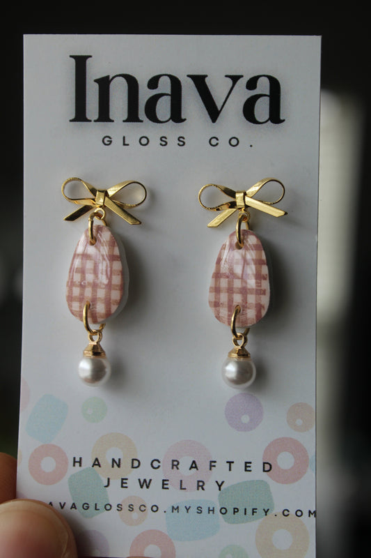 Soft Rose Gingham Polymer Clay Earrings