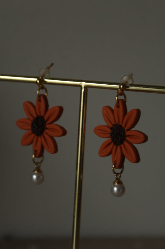 Flower Dangles with Pearls Polymer Clay Earrings in Orange