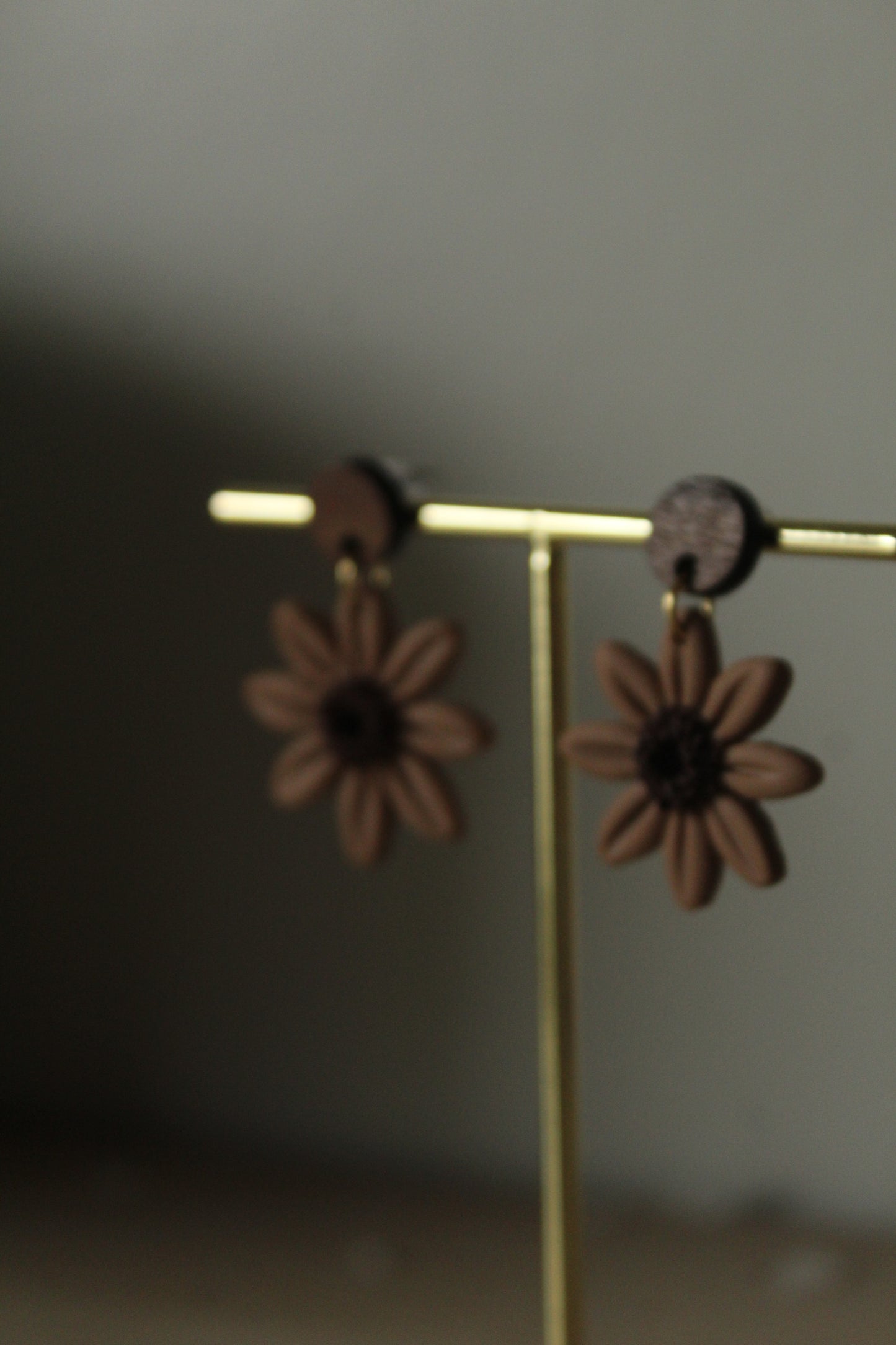 Flower Dangle Polymer Clay Earrings in Brown