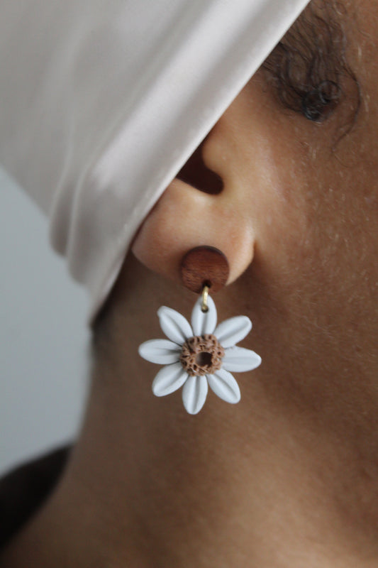 Light Grey Flower Dangle Polymer Clay Earrings