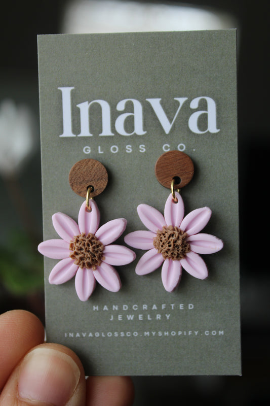 Light Pink Flower Dangle Polymer Clay Earrings