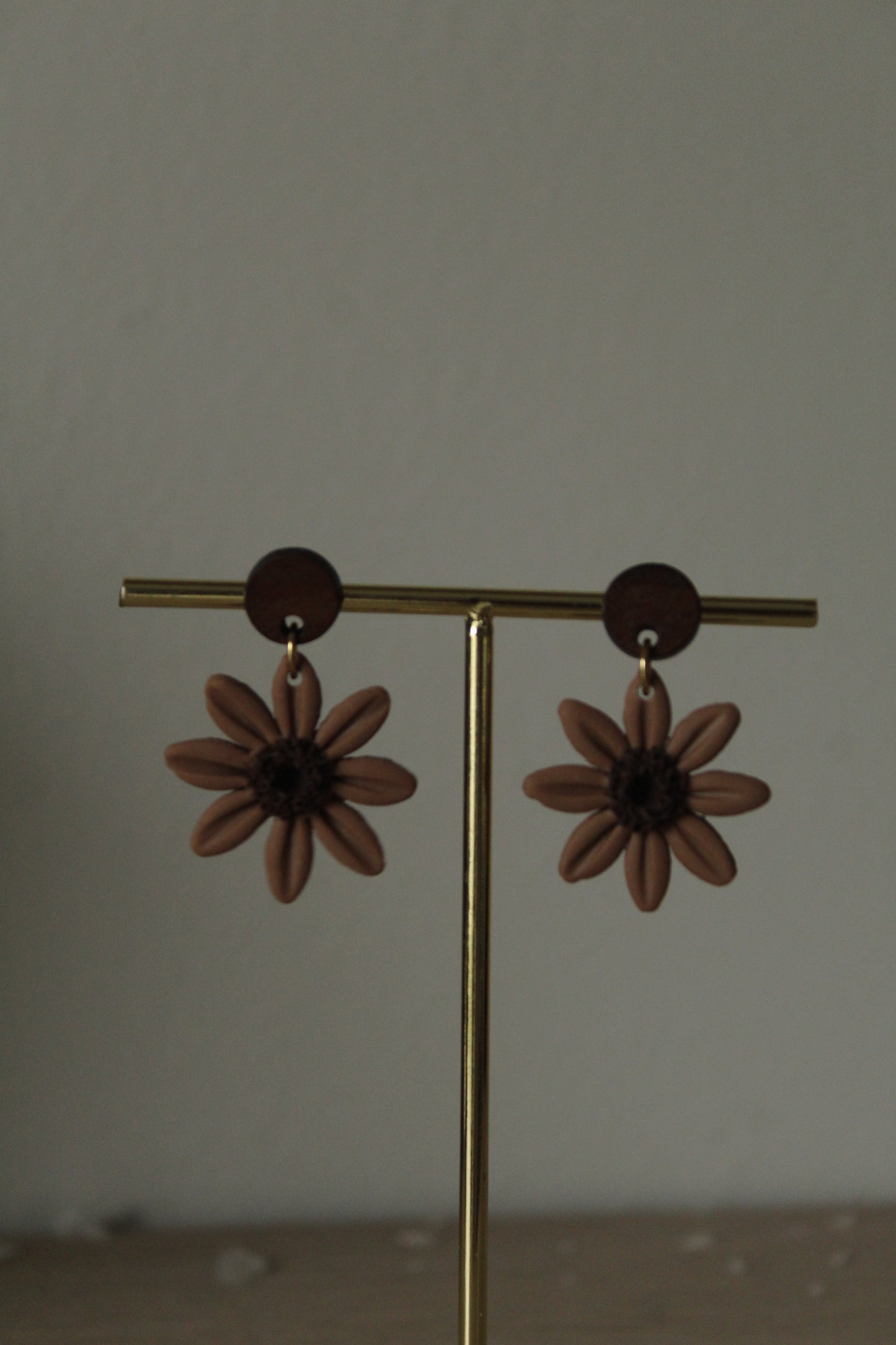Flower Dangle Polymer Clay Earrings in Brown